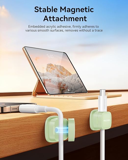 6 Pack Cable Management Cord Organizer, Magnetic Cable Clips-1s Lock, Rocoren Desk Adhesive Cord Cable Clip Wire Holder Keeper for Phone Charger Wire, Nightstand, Car, Office, Desktop Accessory, Green