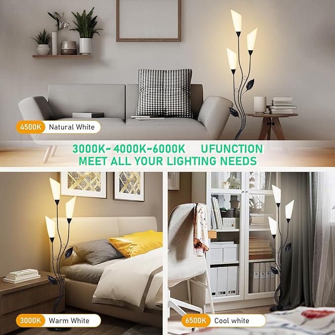 JBZ Flower Floor Lamp for Living Room, 62" Tall Pole Lamp with Foot Switch, with 3 Heads Dimmable LED Lamps for Farmhouse Rustic Bedroom Office, with Plug and 1200LM, 3 Color Temperatures E27