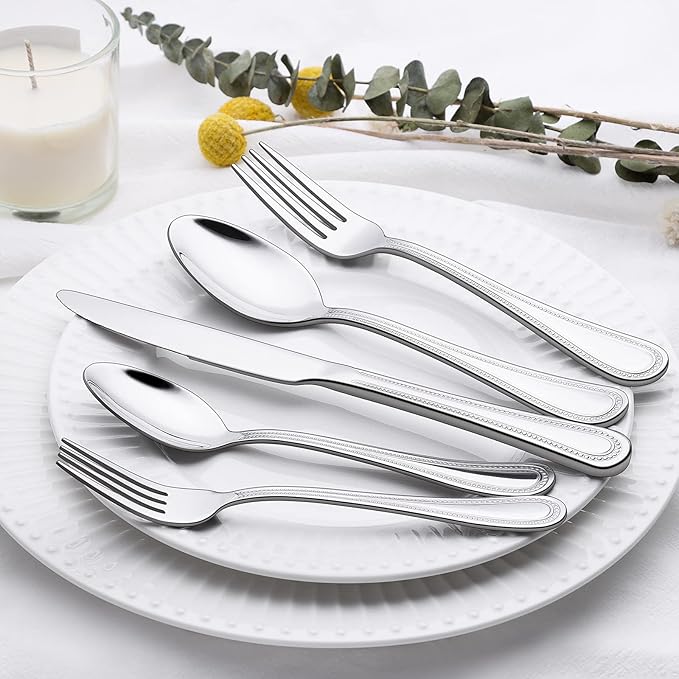 60-Piece Silverware Set for 12, Stainless Steel Flatware, Mirror Polished Cutlery Set, Utensils Include Spoons, Forks, Knives for Home, Restaurant, Beaded Handle, Dishwasher Safe