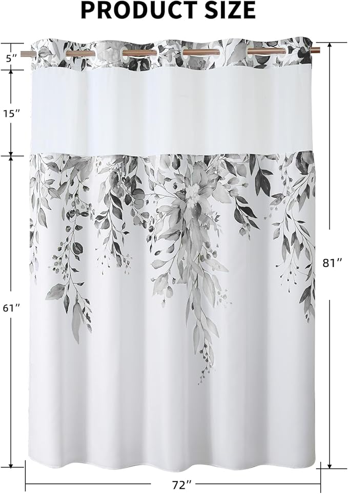 QiyI No Hook Shower Curtain with Snap in Fabric Liner, Grey Eucalyptus Shower Curtain with See Through Top Window, Waterproof Washable Cloth Ringless Shower Curtain Set for Bathroom, 72 x 81