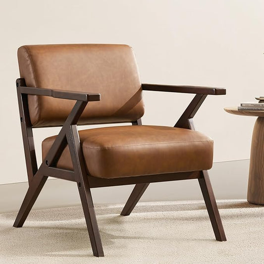 Mid Century Modern Chair Brown Leather Accent Chair Upholstered Armchair with Solid Wood Frame Comfy Reading Nook Chair Lounge Chairs for Living Room Bedroom