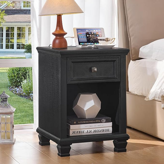 Farmhouse End Tables Living Room with Drawer, Rustic Wood Nightstand with Charging Station, Bedside Table with Open Shelf for Bed Room, Living Room, Black