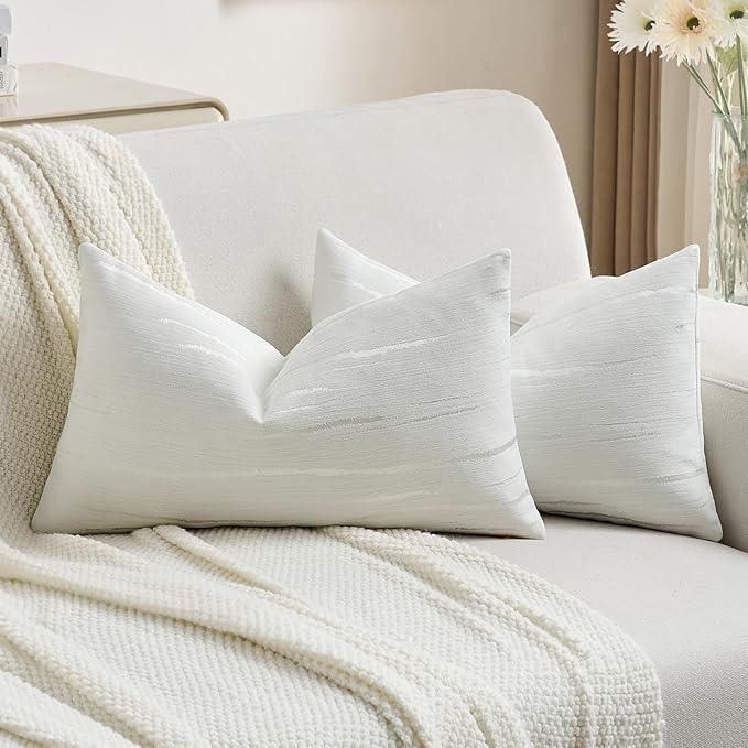 FUTEI White Chenille Decorative Throw Pillow Covers 12x20 Inch Set of 2,Soft Embossed Striped Textured Lumbar Pillow Cases,Modern Home Decor for Couch Bed Living Room