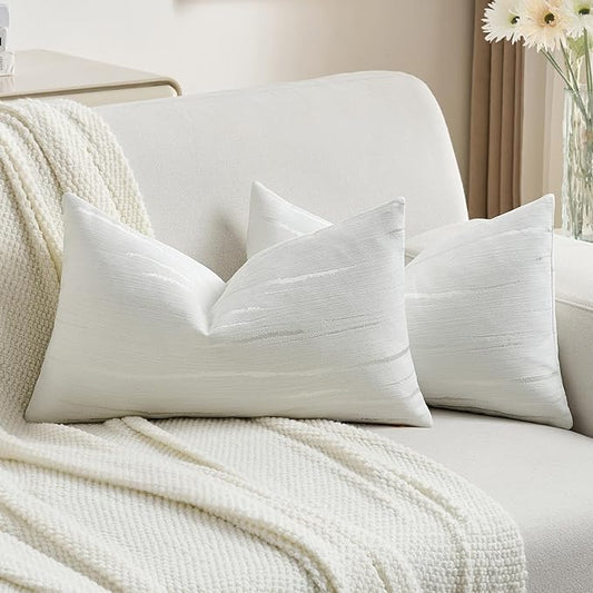 FUTEI White Chenille Decorative Throw Pillow Covers 12x20 Inch Set of 2,Soft Embossed Striped Textured Lumbar Pillow Cases,Modern Home Decor for Couch Bed Living Room