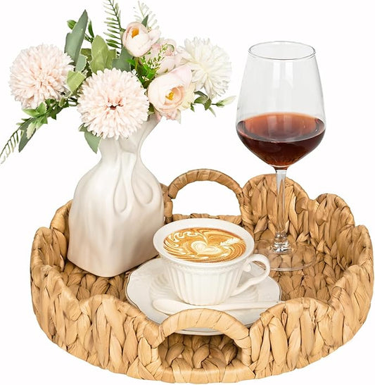 Livofloral Scalloped Edge Round Serving Tray, Handwoven Rattan Tray with Built-in Handles, Decorative Scalloped Basket Tray for Coffee Table, Water Hyacinth Wicker baskets for Ottoman