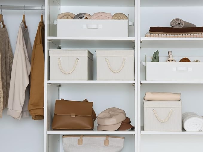 StorageWorks Storage Bins with Lids, Decorative Storage Boxes with Lid and Soft Rope Handles, Foldable Storage Baskets for Closet, Shelves, Stackable, 3-Pack, Ivory and White, Large