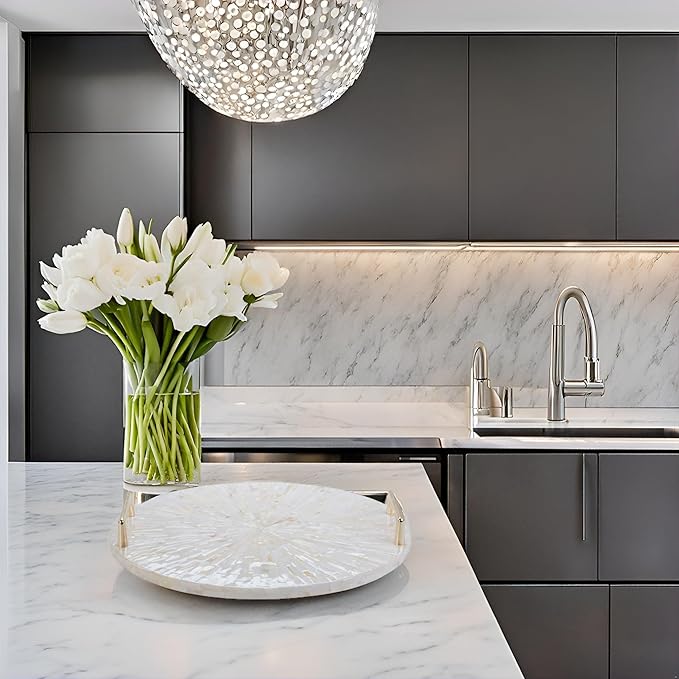 PEMAR Mother of Pearl Decorative Tray, 13" Round Display & Serving Tray with Gold Handles, Vanity/Perfume/Trinket Catchall for Dresser, Bathroom, Vanity Table (White Cream Sunlight Starburst Pattern)