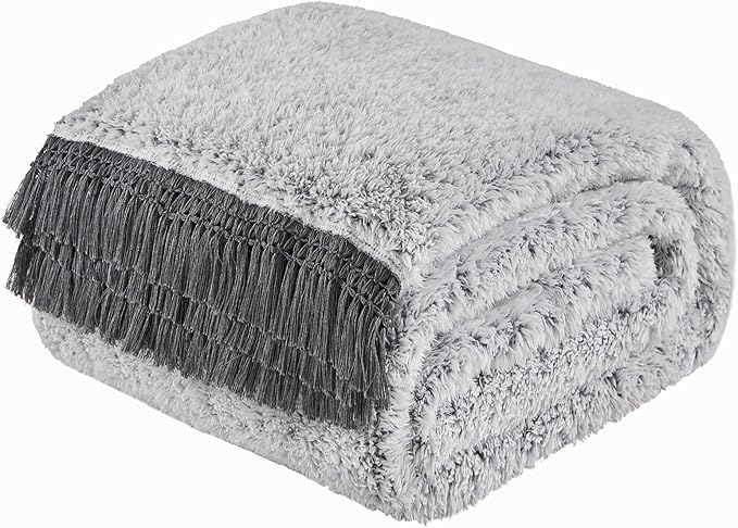 EMME Soft Sherpa Fleece Blanket with Tassel, Reversible Plush Fluffy Large Blanket, Light Weight Warm Decorative Boho Blanket Cover for Sofa, Couch, Bedroom,Travel(Tassel Grey,90"x90")
