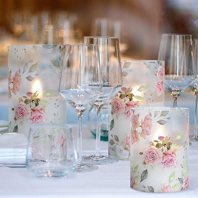 Rose Flameless Candles Love Theme Battery Operated Glass Flickering LED Candle with Remote Pink Flower Decal Realistic Pillar Candles Bedroom Home Decor Table Ornament
