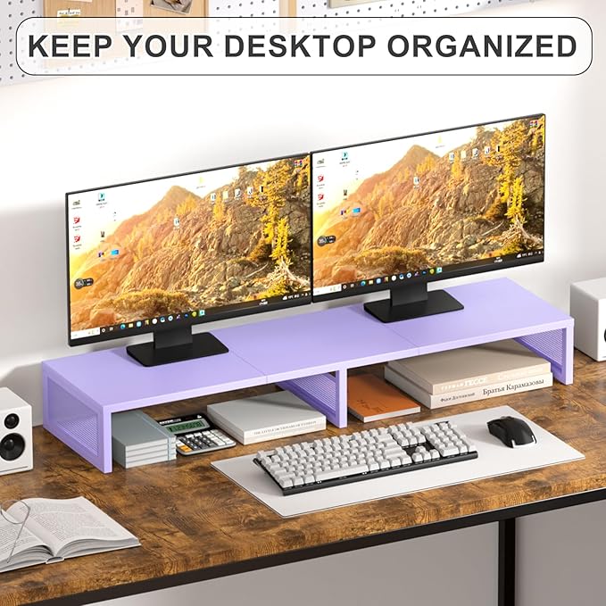 Dual Computer Monitor Stand Riser, Desk Organizers and Accessories, Printer & TV Stand, Desk Shelf, Office Desk Accessories & Desktop Workspace Organizer for Office Supplies, Purple