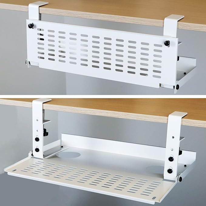 AEONS Universal Under Desk Cable Management Tray-Clamp Mount Hinged Swing Modesty Panel Organizer for Office Desks Easy Access Flip-Down position Power Strip Cord Storage No-Drill 25 lb Capacity White