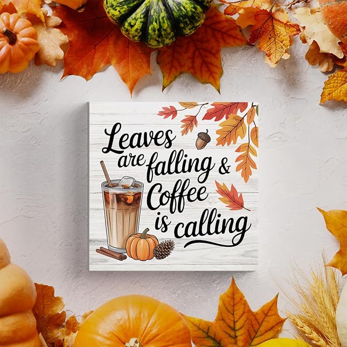 HTBIG Autumn Decor leaves Are falling & coffee Is Calling Wooden Box logo Office Table Bookshelf Decor Suitable For Country Style Farmhouse Coffee Station Desktop Use 5 x 5 Inch