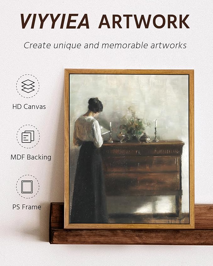 VIYYIEA Framed Wall Art Vintage Decor, Classical Reading Woman Portrait Painting, Canvas Print Artwork, Retro Farmhouse Decor for Bathroom Bedroom, 9"x11"