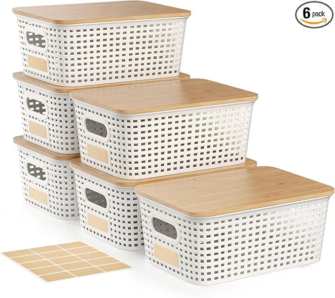 Small Plastic Storage Bins with Bamboo Lid - Plastic Storage Container with Lid - Stackable storage baskets for organizing: Storage box for Drawers Office Closet Shelf Organizing,10x7x4 In-White-6 Pcs
