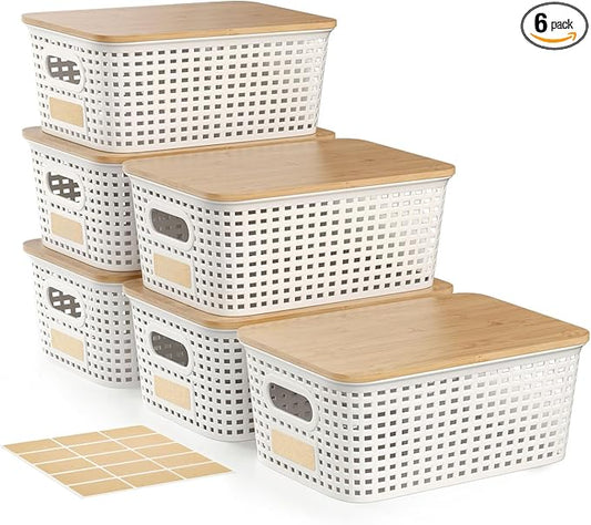 Small Plastic Storage Bins with Bamboo Lid - Plastic Storage Container with Lid - Stackable storage baskets for organizing: Storage box for Drawers Office Closet Shelf Organizing,10x7x4 In-White-6 Pcs