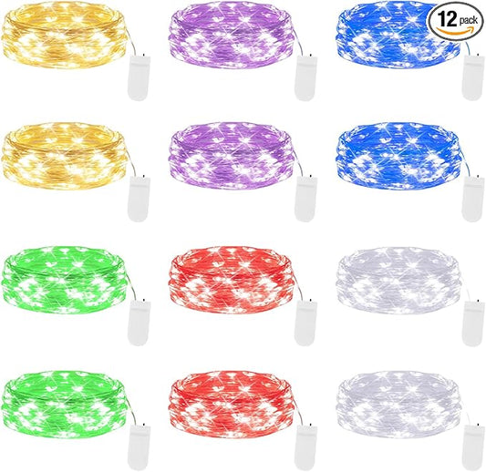 Lakumu 12 Pack Multi Color Led Fairy Lights Battery Operated - String Lights Waterproof Silver Wire 7 FT 20 Led Firefly Starry Moon Lights for DIY Christmas Decorations Mason Jar Party Wedding Decor