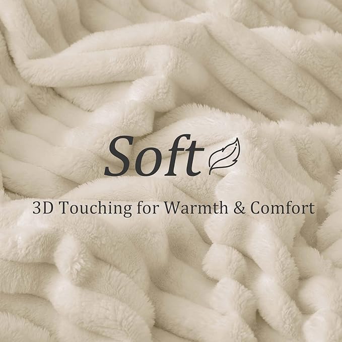BEDELITE Fleece Throw Blanket for Couch - 300GSM Soft & Warm Fluffy Beige Blanket, Decorative and Giftable Striped Blankets for Women, Men, 50"x60"