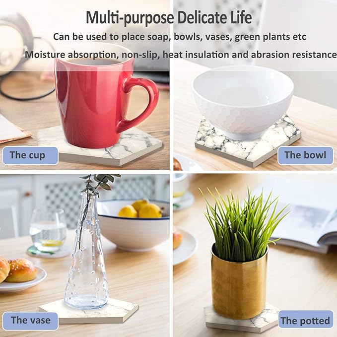 8 Pcs Drink Coasters with Metal Holder Stand, Marble Design Ceramic Coaster Set, Cork Base, for Tabletop Protection, Home Decor, Bar Coasters (Black+White)