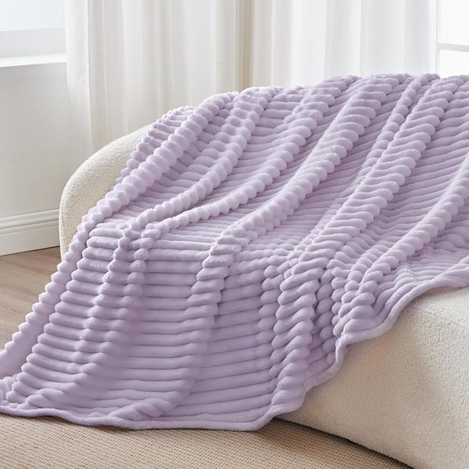 BEDELITE Twin Blanket for Couch & Bed, 300GSM Soft & Warm Fleece Blanket, Decorative and Giftable Striped Lavender Fog Blankets for Women, Men, 60"x80"