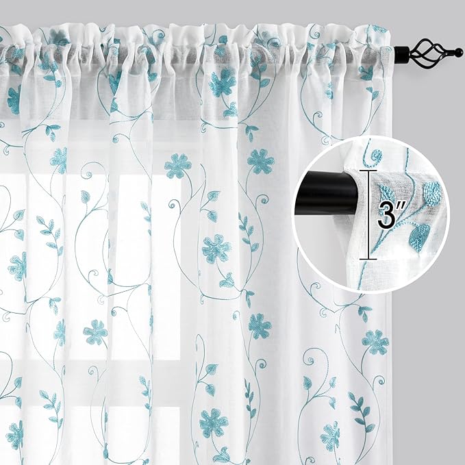 HOMEIDEAS White and Blue Embroidered Floral Sheer Curtains 84 Inches Long 2 Panels Flower Pattern Semi Sheer Window Curtains for Bedroom Living Room