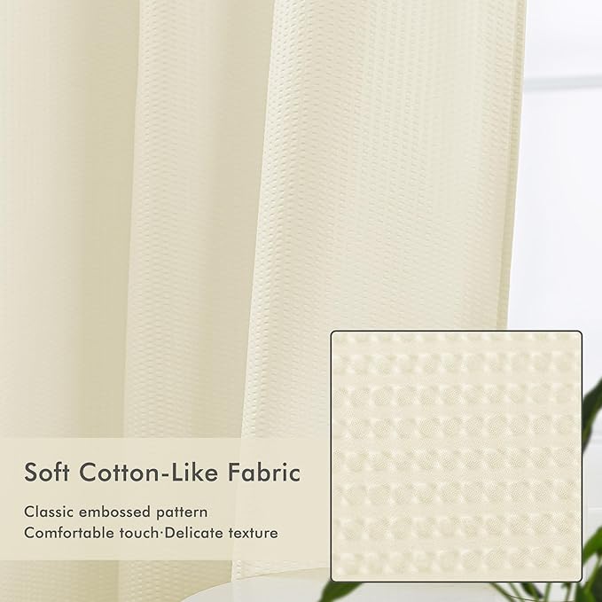 Mrs Awesome No Hook Shower Curtain with Snap-in Liner Less Time On/Off, Embossed Waffle-Look Textured Fabric Shower Curtain for Bathroom, Soft & Lightweight, 71x74, Cream