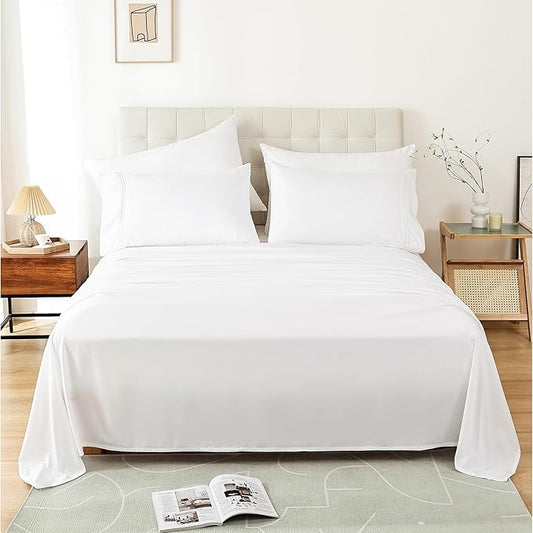 Queen Sheet Set White, Super Soft Microfiber Bed Sheets Queen Size Extra Deep Pocket, Hotel Cooling Bedding Sets, Wrinkle Free Oeko-Tex, 4 Piece