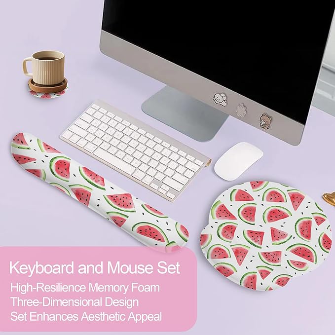 Summer Pink Watermelon Mouse Pad with Wrist Rest and Keyboard Wrist Rest Set, Non-Slip Rubber Base Memory Foam Mouse Pad Set for Women, Office Desk Accessories, Gaming