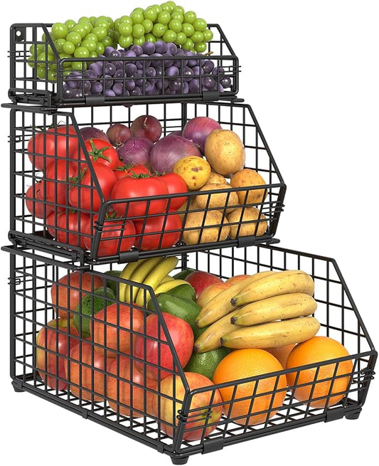 3-Tier Fruit Basket for Kitchen Counter, Stackable Wire Baskets Wall, Potato and Onion Storage Bins, Pantry Organizers and Storage for Potato, Onion, Produce, Fruit, Vegetable, Snack