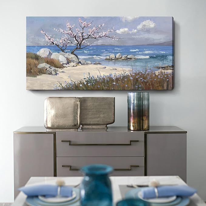 amatop Large Coastal Wall Art Prints– Blue Ocean Beach Abstract Landscape Canvas Picture Pink Floral Tree Cherry Blossom Nature Decorative Artwork for Living Room Bedroom Office Home Decor 48x24 In
