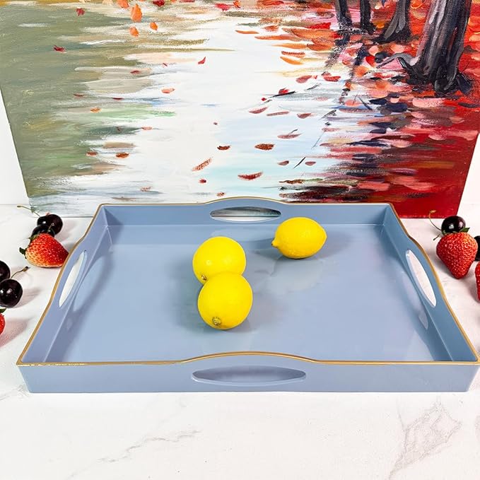 Blue Serving Tray with 4 Handles, Plastic Decorative Tray for Coffee Table, Ottoman - Ideal for Living Room & Bathroom. 15” x 11” x 1.9”