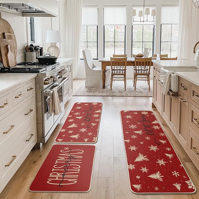 Artoid Mode Xmas Trees Snowflake Let It Snow Merry Christmas Kitchen Mats Set of 2, Winter Decor Low-Profile Kitchen Rugs - 24"x36"+24"x59"+24"x72"