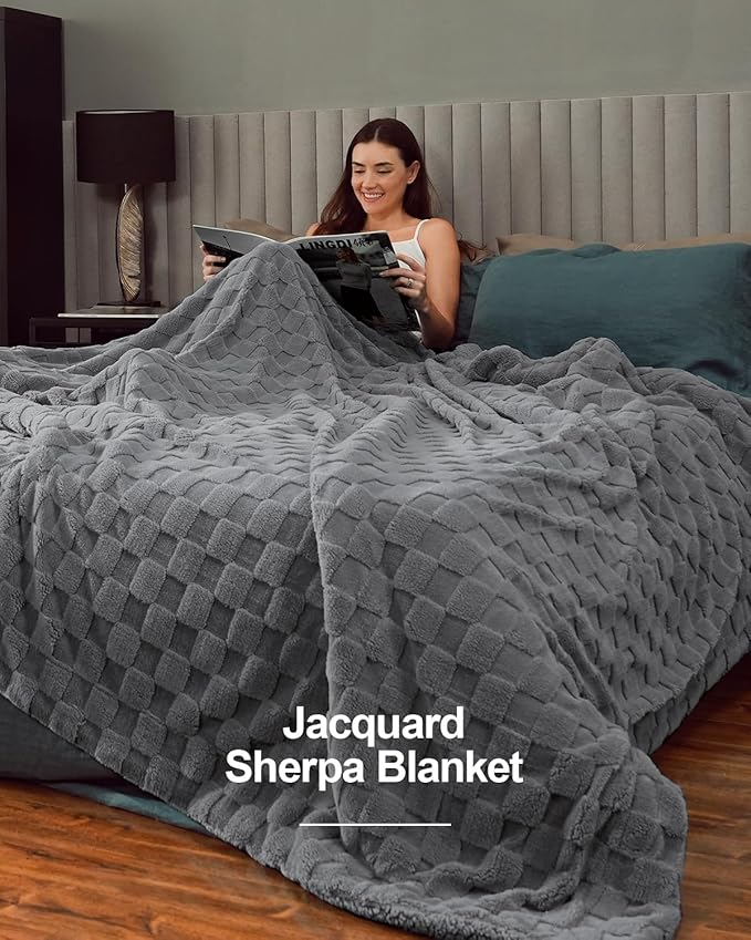 Pawque Super Soft Cozy Throw Blanket for Couch Sofa Bed - Fluffy Sherpa Fleece Reversible Thick Warm Fuzzy Blanket for All-Season, 3D Checkered Jacquard Elegant Decorative Blankets, Grey, 50" x 60"