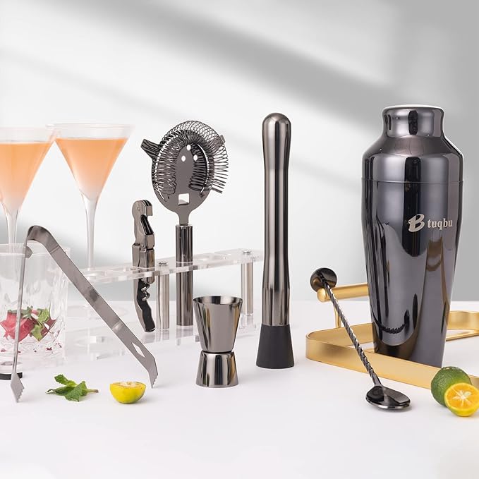 Cocktail Shaker Set with Arcylic Stand, Mixology Bartender Kit for Drink Mixing | Mixology Set with 7 Bar Set Tools Cocktail Kit (Black)