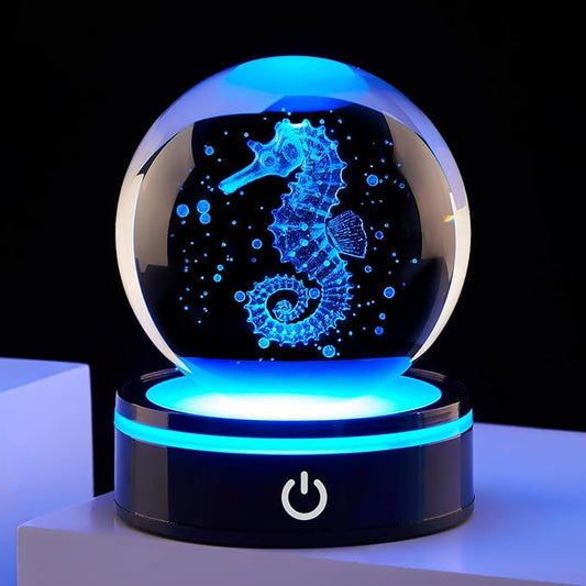 3D Seahorse Crystal Ball Figurine with LED Base, Seahorse Gifts for Women Men on Christmas Birthday, Glass Sea Horse Decor Globe Night Light for Home Office