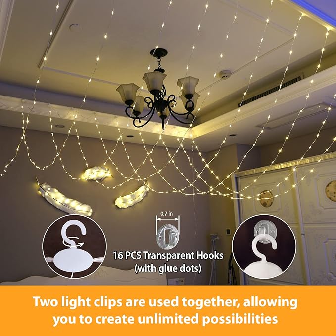 HXWEIYE 300LED Fairy Curtain Lights, 9.8x9.8Ft Tangle-Free USB Plug in 8 Modes Timer Christmas String Hanging Lights with Remote for Bedroom Backdrop Wedding Party Home Wall Garden, Warm White