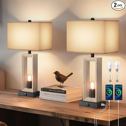 Table Lamps for Living Room Set of 2,Modern Farmhouse Decor Lamps with USB A+C Port & Nightlight,25" Rustic 3-Way Dimmable Bedside Lamps,Oat Shade Touch Nightstand Lamp for Bedroom,4 LED Bulbs