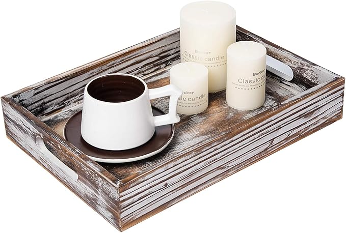 Rustic Whitewashed Wood Food Serving Tray Cutout Carrying Handles Breakfast in Bed Coffee Platter Table Wine Brown Rectangular Nesting Crate Desktop Document Holder Office Home Kitchen