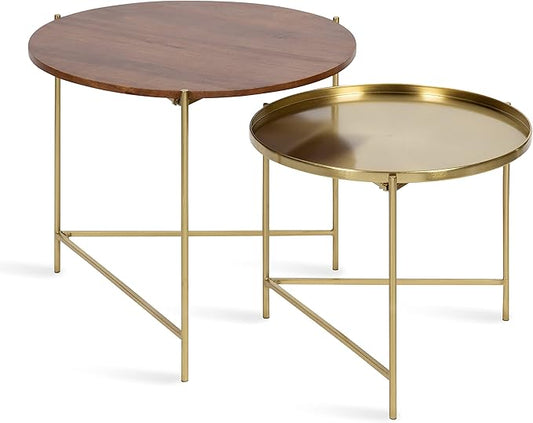 Kate and Laurel Ulani Modern Nesting Coffee Table; Set of 2; Walnut and Gold; 22.5 x 20.25; Decorative Sophisticated Mango Wood and Metal End Tables for Display and Storage