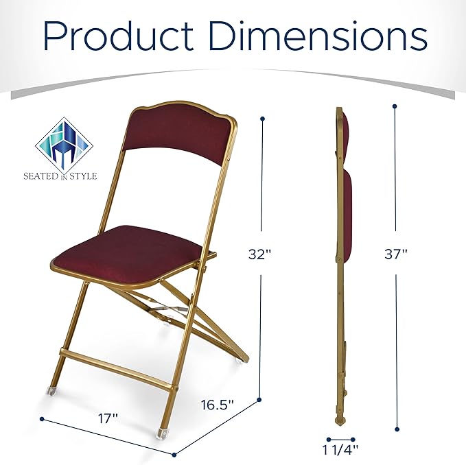 Folding Chairs with Padded Seats 4 Pack - Foldable Chair with Heavy-Duty Steel Frame, Elegant Party Bridge Chairs, Home, Office, Indoor Outdoor Events - Gold/Burgundy Fabric