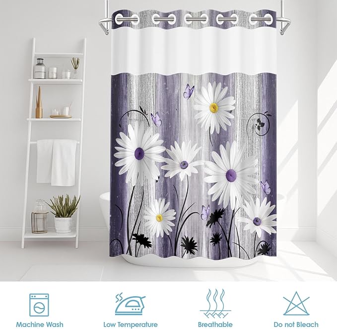 No Hook Flower Daisy Shower Curtain with Snap in Fabric Liner Set, Purple Wooden Boards Double Layers Waterproof Fabric with See Through Top Window Open Grommet Bath Curtain 71x74 Inch