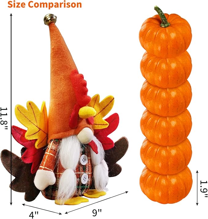 CRCZK Turkey Fall Gnome, Thanksgiving Gnome Decorations, 2Pack Handmade Swedish Tomte Gnomes with Maple Leaves Wings Harvest Gnome Plush Scandinavian Figurine Nordic Gnomes Holiday Decor Gifts