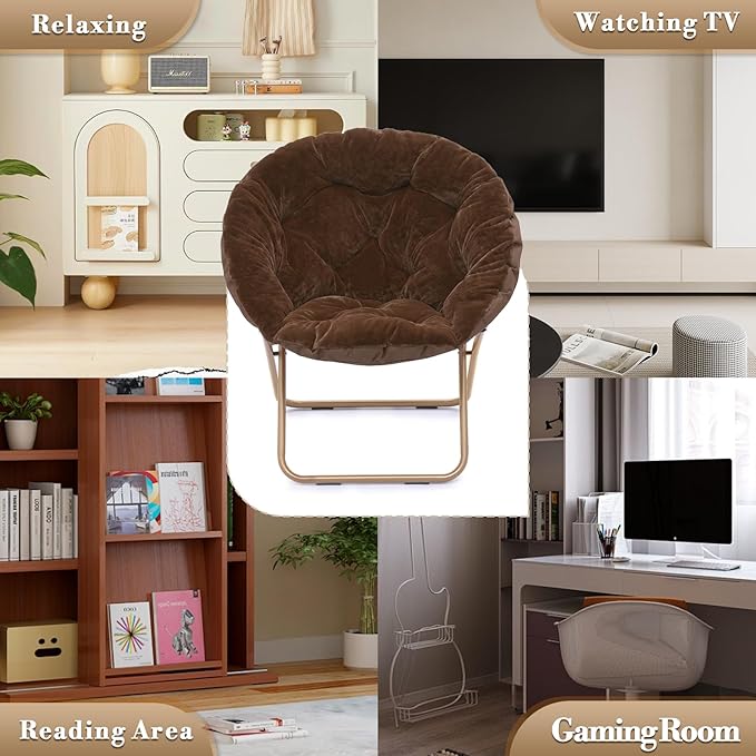 Athena Collection Modern Brown Faux Fur Velvet Saucer Foldable Round Cozy Accent Chair with Ottoman, 300lbs Weight Capacity, Perfect for Bedroom, Living Room, Outdoor Use
