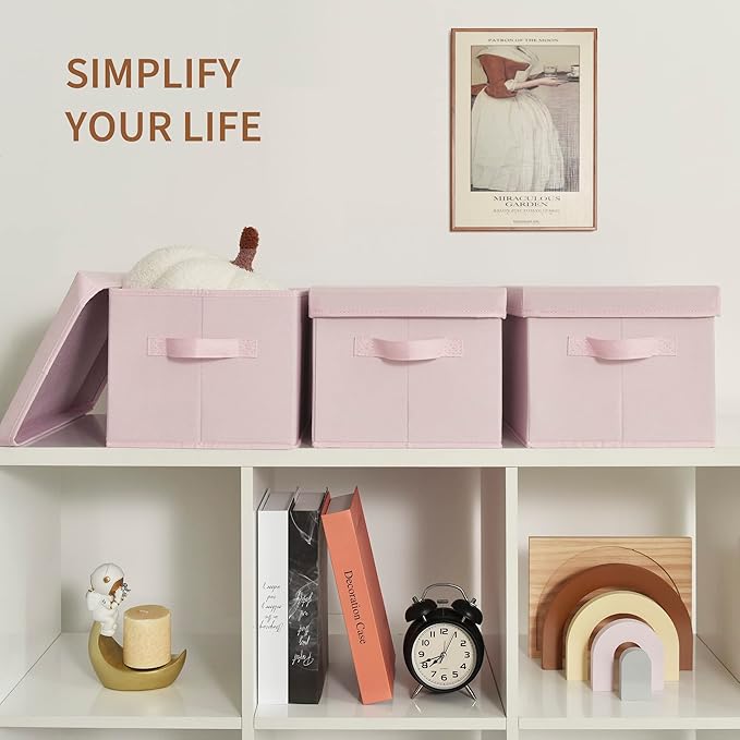 GRANNY SAYS Closet Storage Bins, Fabric Boxes with Lids, Shelf Baskets for Closet Organization, Stackable Storage Containers, Pink, 3-Pack