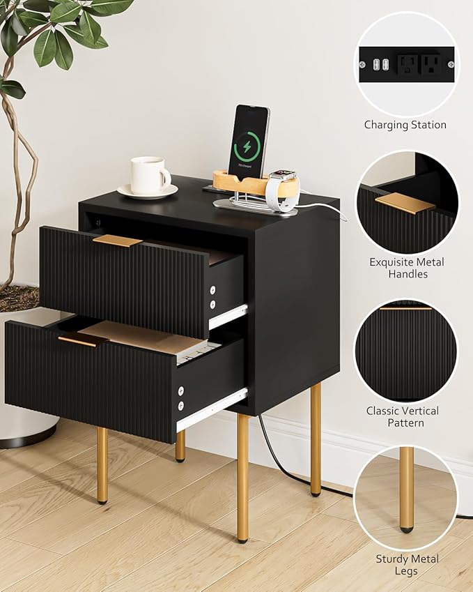 Masupu Nightstand with Charging Station,Mid-Century Modern Bedside Table with 2 Storage Drawer,Small Gold Frame Side End Table for Bedroom,Living Room (Black)