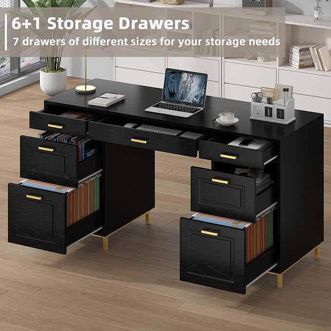 Black Computer Desk with 7 Drawers, 57 Inch Home Office Desk with File Drawers, Wood Modern Desk with Storage for Bedroom, Executive Desk with Golden Legs and Handles, Black and Gold