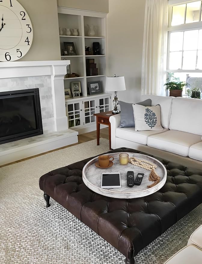 Extra Large Round Ottoman Table Tray Round-24 - Rustic Wooden Serving Tray for Farmhouse Decorative Oversized Coffee Table Trays Living Room Kitchen Counter Breakfast Whitewash