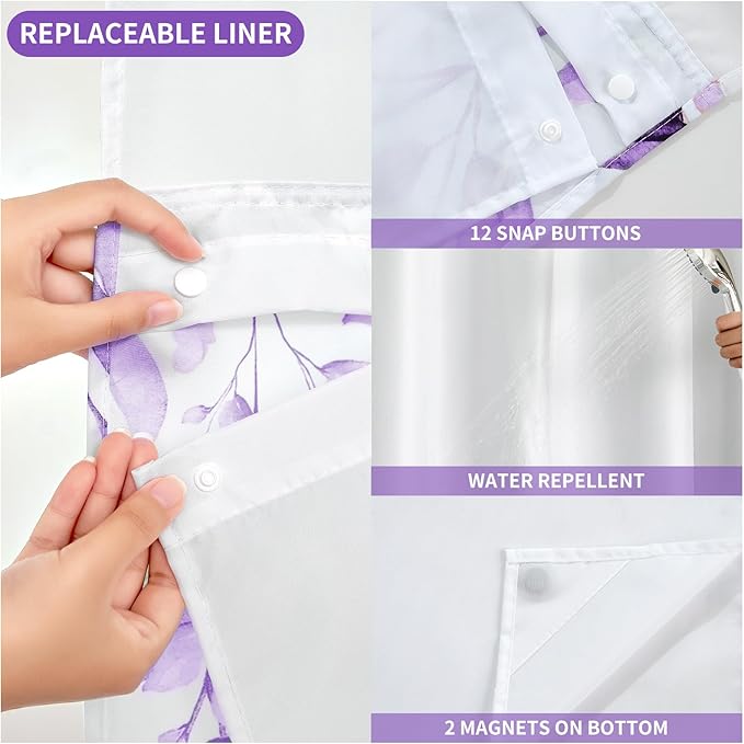 QiyI No Hook Shower Curtain with Snap in Fabric Liner, Purple Eucalyptus Shower Curtain with See Through Top Window, Waterproof Washable Cloth Ringless Shower Curtain Set for Bathroom, 72 x 75
