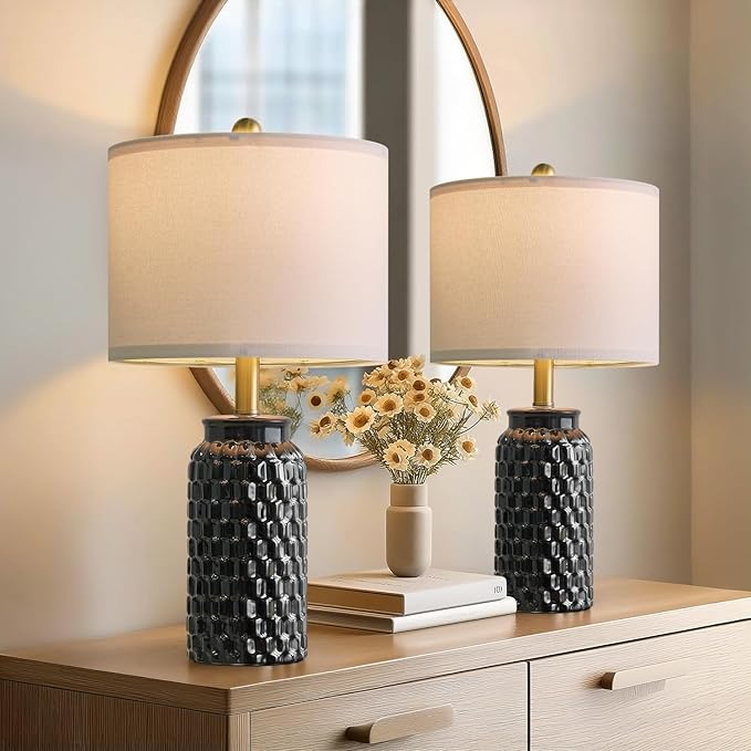 20.5" Black Modern Ceramic Bedside Lamp Set of 2 for Bedroom Decor Farmhouse Table Lamp for Living Room Office Dorm