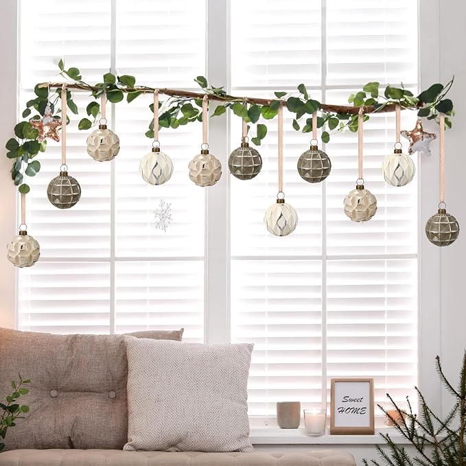 Syhood 12 Pcs Neutral Textured Christmas Ball Ornaments 2.4 Inch Vintage Xmas Tree Decorations Rustic Distressed Xmas Baubles Antique Farmhouse Modern Christmas Decor for Tree Home (Brown)