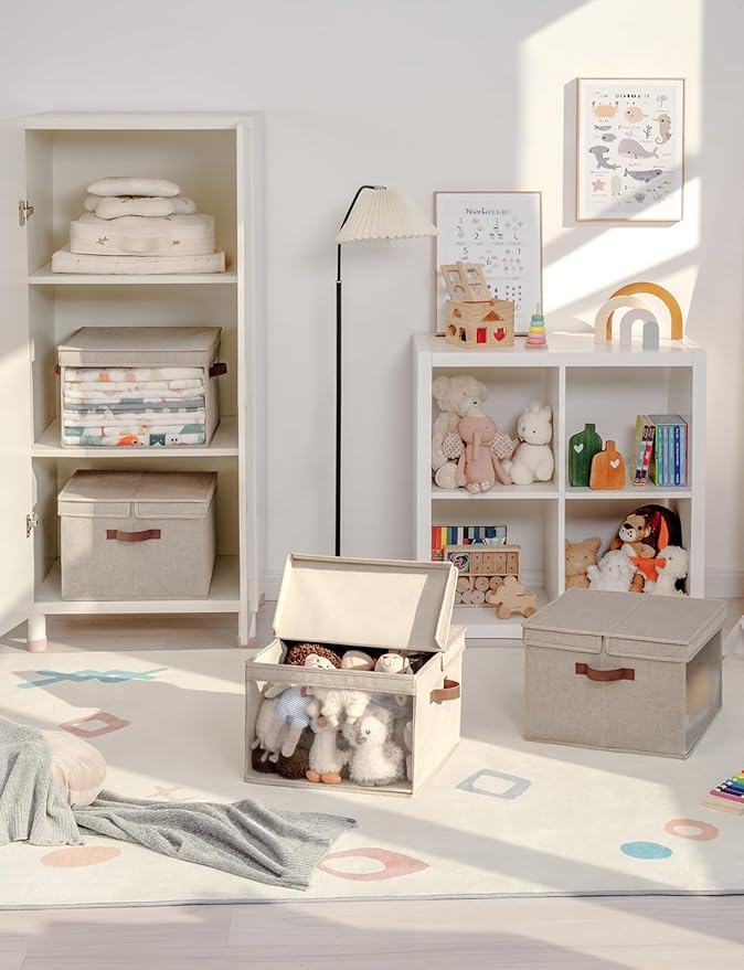 StorageWorks Storage Bins with Lid and Clear Window, Fabric Storage Boxes with Lids, Stackable Basket for Shelves, Closet Organizer and Storage Bins, Brown and Beige, Jumbo, 4-Pack